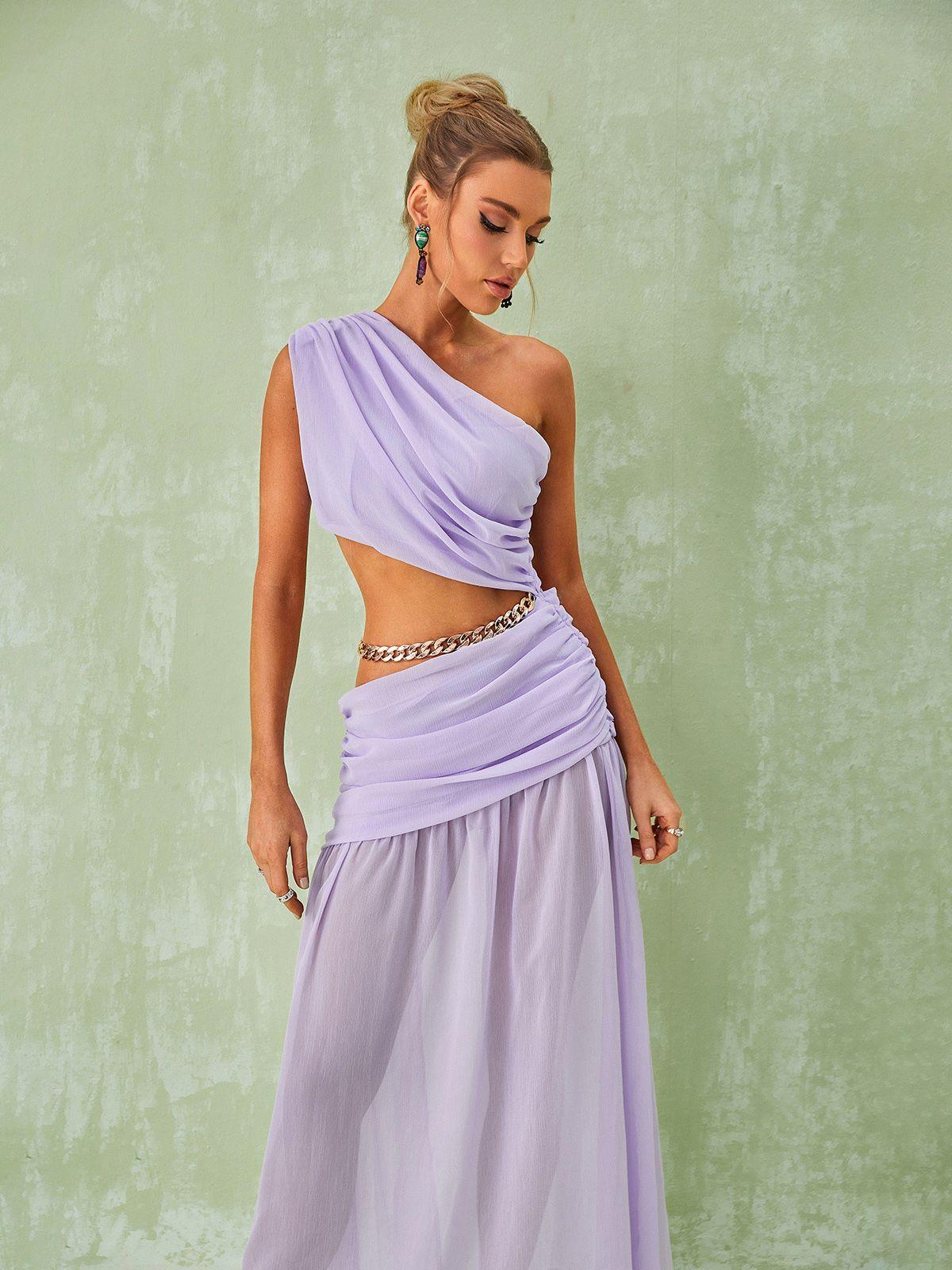 One-Shoulder Draped Chain Cutout Ruched Flowy Maxi Dress