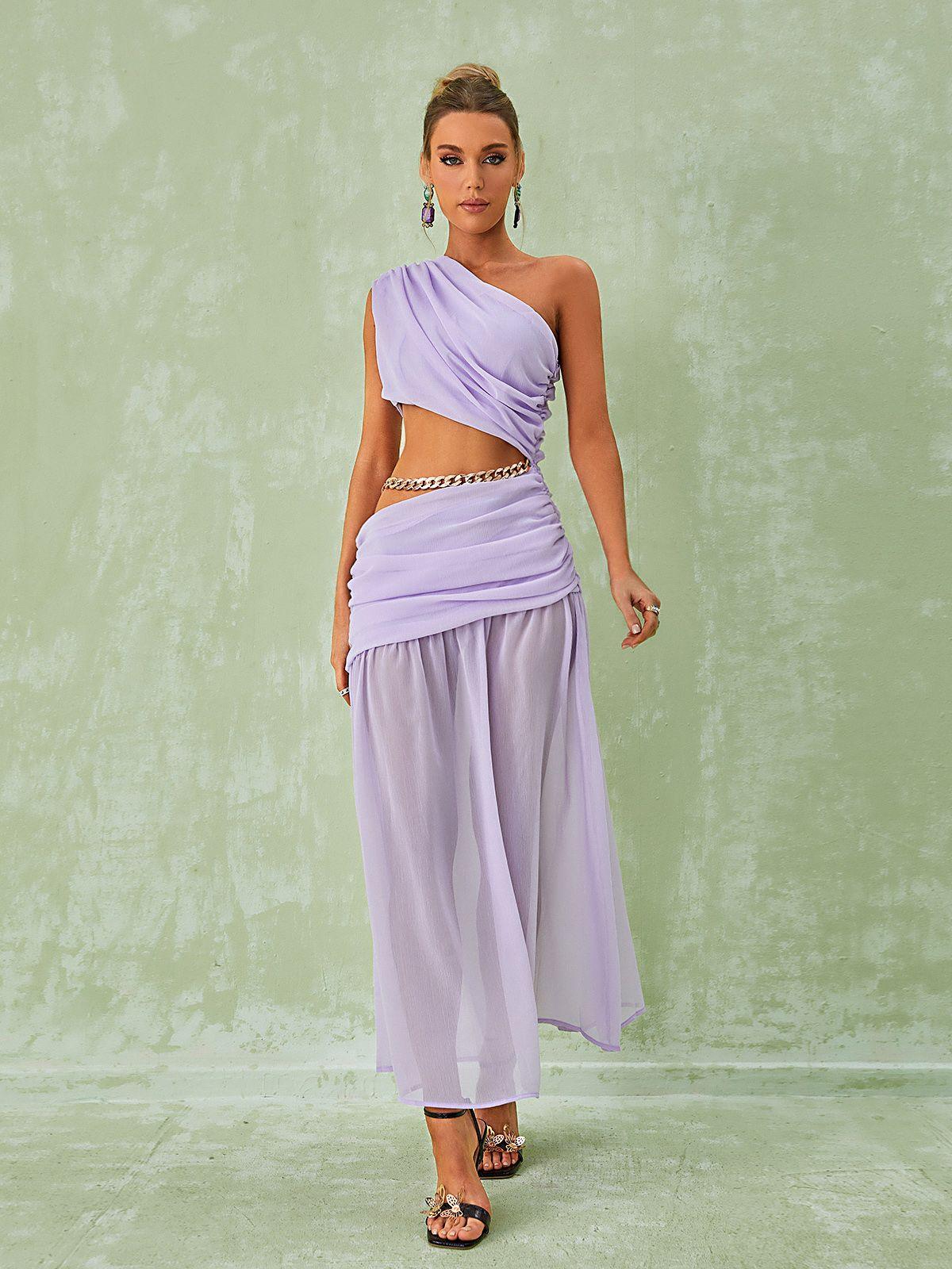 One-Shoulder Draped Chain Cutout Ruched Flowy Maxi Dress