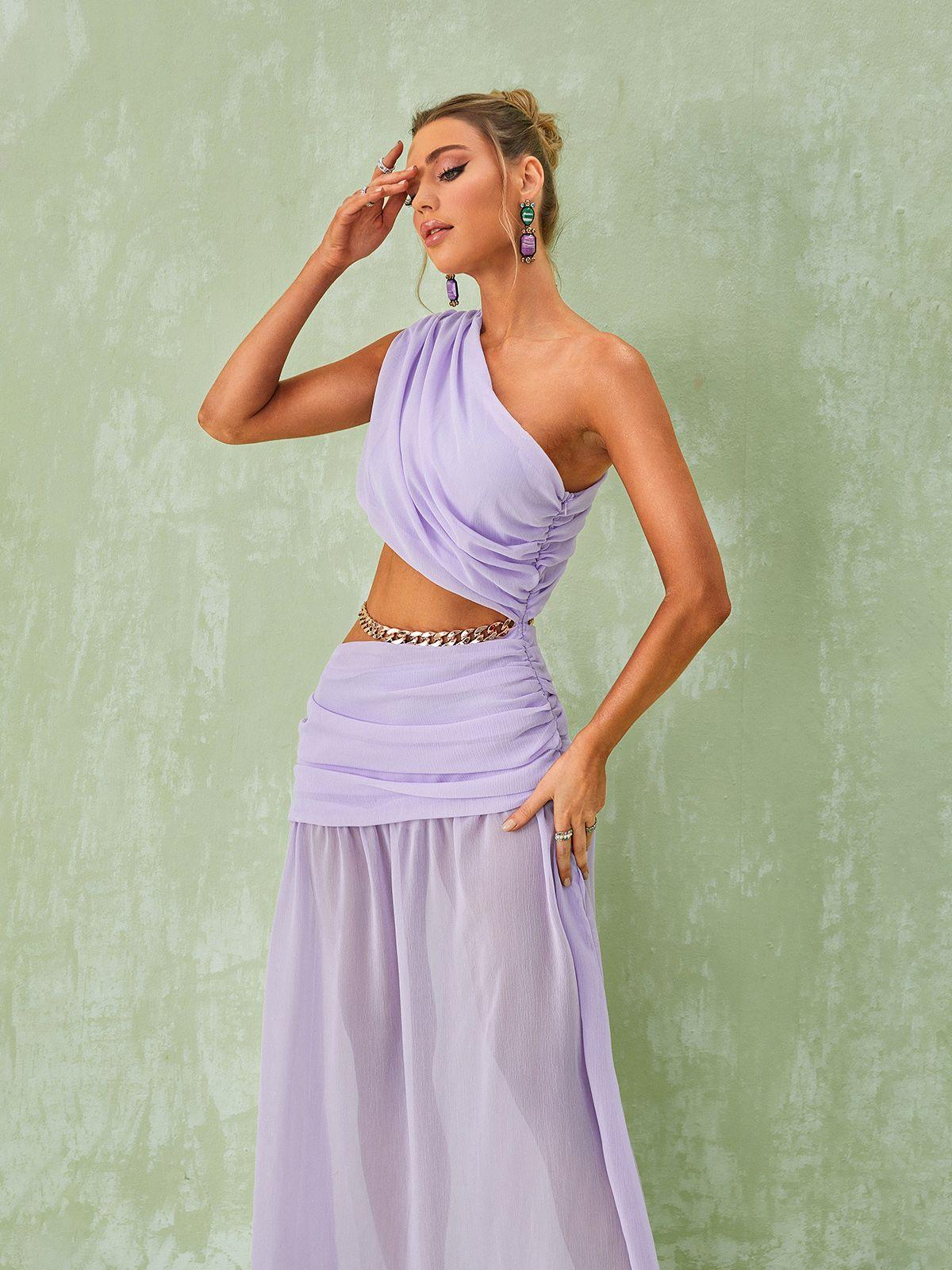 One-Shoulder Draped Chain Cutout Ruched Flowy Maxi Dress
