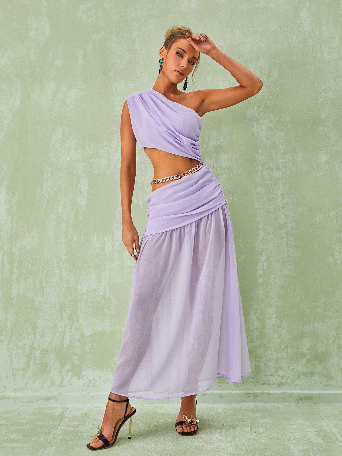 One-Shoulder Draped Chain Cutout Ruched Flowy Maxi Dress