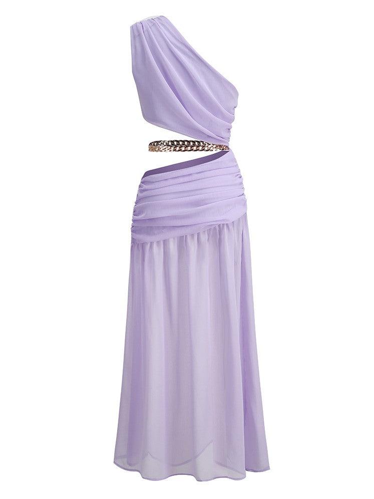 One-Shoulder Draped Chain Cutout Ruched Flowy Maxi Dress