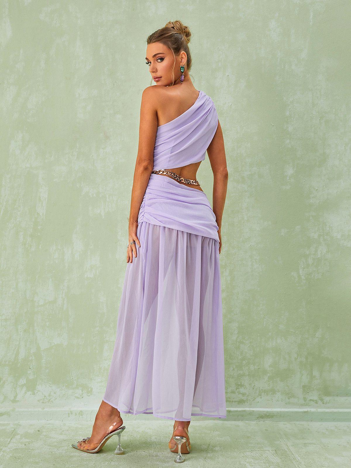 One-Shoulder Draped Chain Cutout Ruched Flowy Maxi Dress