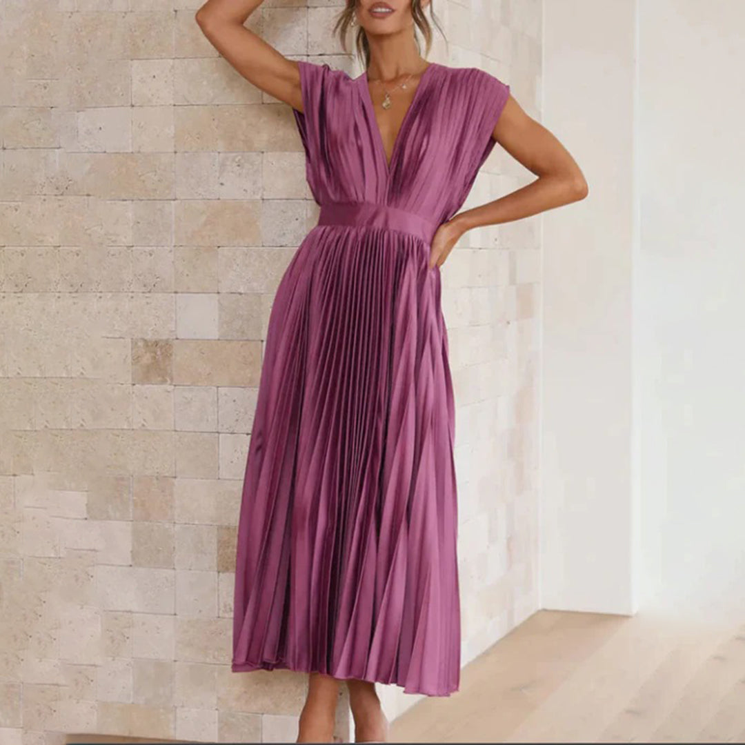 Mertxe Elegant V-neck Pleated Maxi Dress for Women Sophisticated Look