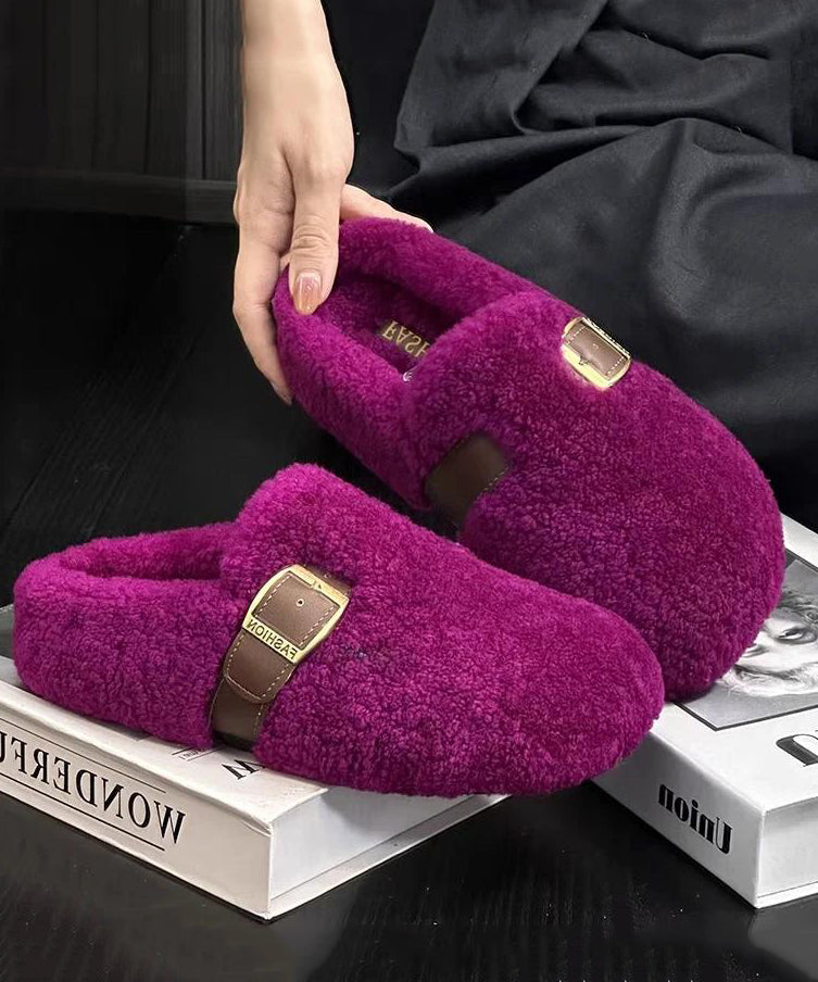 Faux Shearling Buckle Strap Closed Toe Mule Slippers