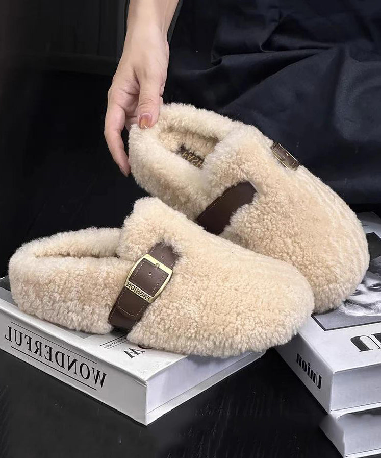 Faux Shearling Buckle Strap Closed Toe Mule Slippers 2