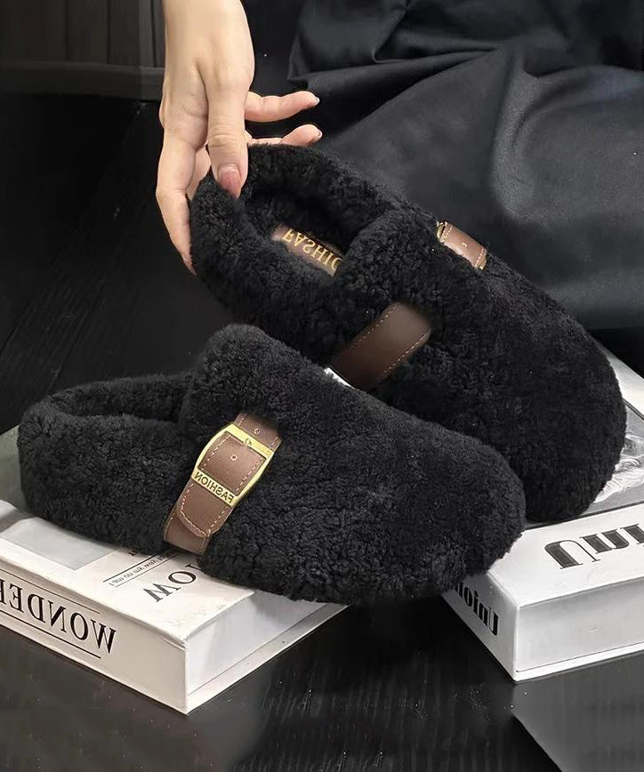 Faux Shearling Buckle Strap Closed Toe Mule Slippers 3