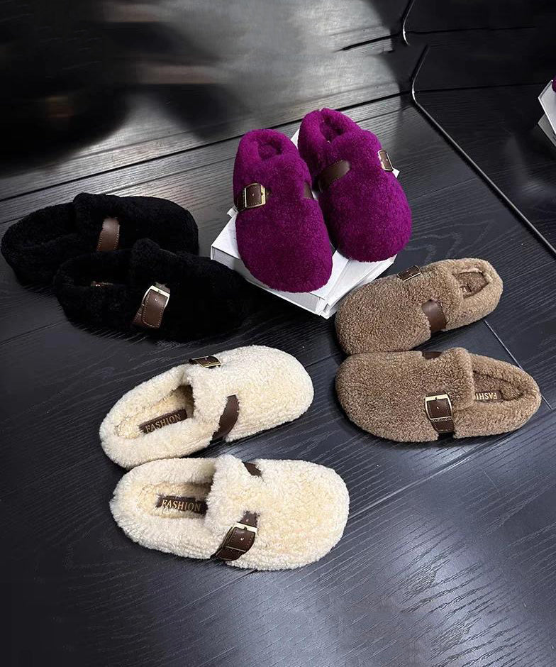 Faux Shearling Buckle Strap Closed Toe Mule Slippers 5