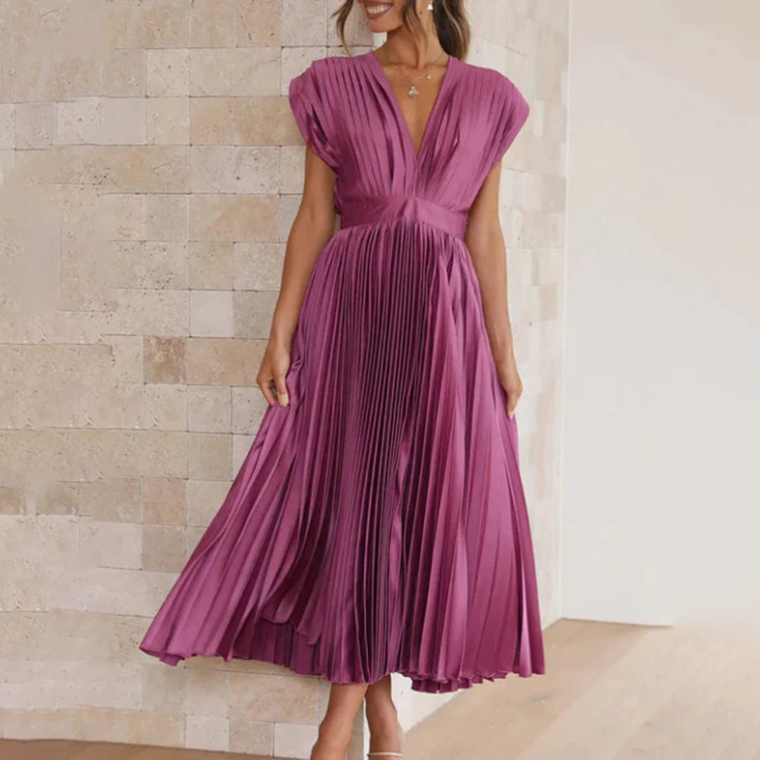Mertxe Elegant V-neck Pleated Maxi Dress for Women Sophisticated Look