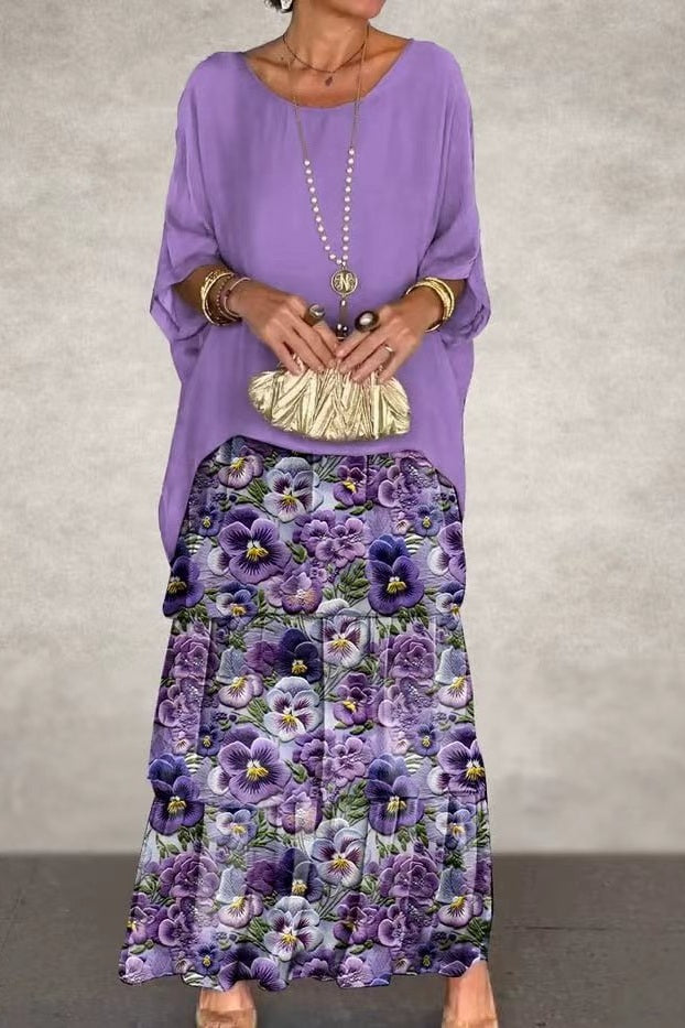 Purple Flower Round Neck Dolman Sleeve Floral Print Tiered Overlay Maxi Dress