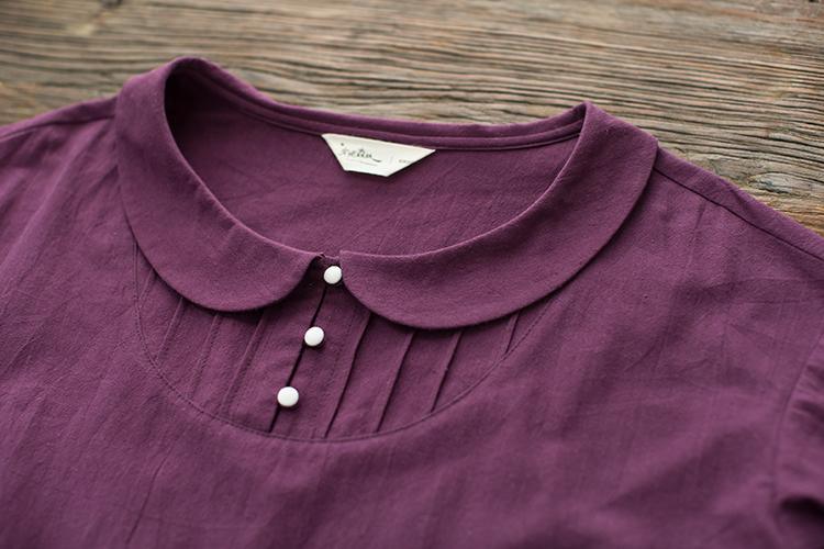 Purple retro linen dress half sleeve pleated sundress cotton summer dresses spring bottoming dress