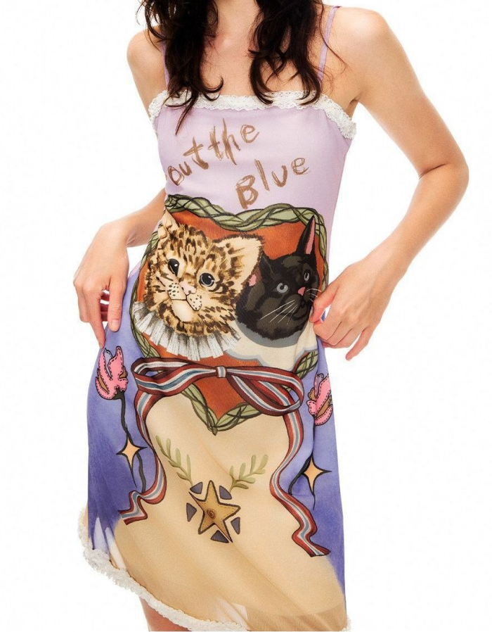 Y2K Kitten Print Spaghetti Strap Dress