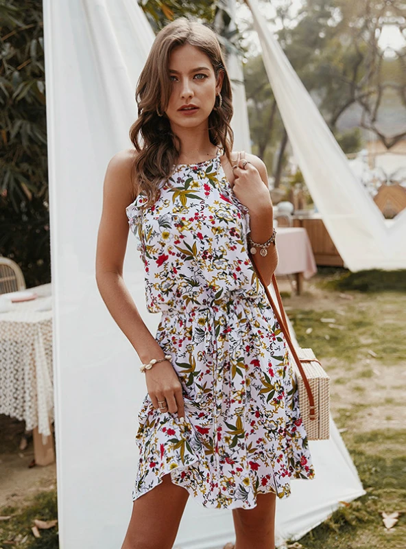 Mini Flowered Sleeveless Ruffles Dress S / White Dresses
