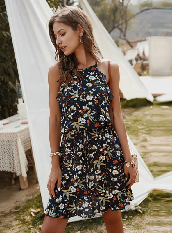 Mini Flowered Sleeveless Ruffles Dress M / White Dresses