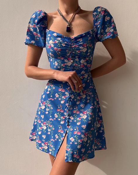 Waist Arm A-Line Puff Women’s V-Neck High Flowered Dress S / Blue Dresses