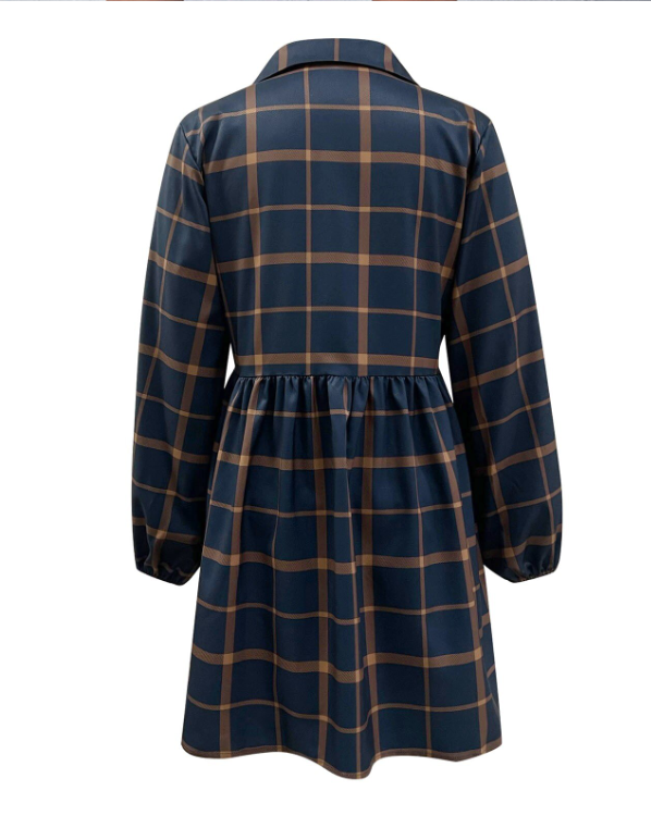 Navy V Neck Plaid Prints Buttons Casual Sweet Dress for Women