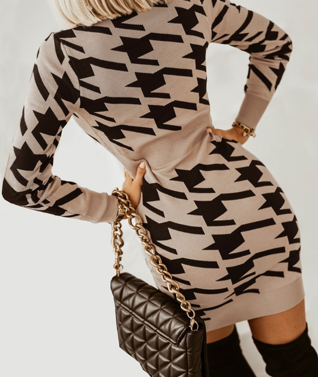 Elegant V Neck Print High Waist Long Sleeve Mini Dress For Women S / Blue Dresses