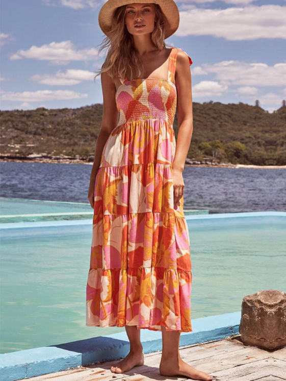 Bohemian Festive Warm-Season Elastic Gown Design With Coastal Women Tie Sundress Up Straps M /