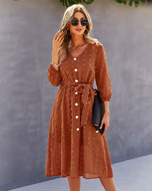Elegant Half Sleeve Women’s Casual V-Neck Midi Dress With Buttons L / Blue Dresses