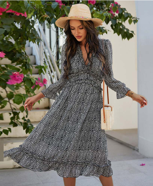 Spring V Neck Print Dress With Butterfly Sleeves And High Waist Ruffles In Chiffon Midi Length S /