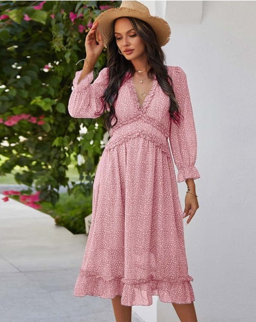 Spring V Neck Print Dress With Butterfly Sleeves And High Waist Ruffles In Chiffon Midi Length M /