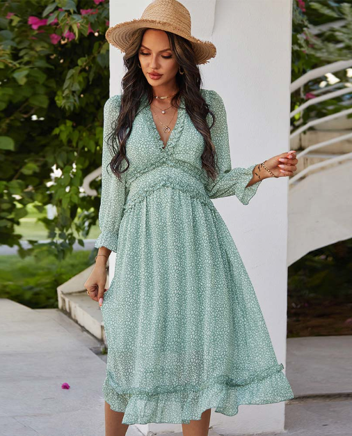 Spring V Neck Print Dress With Butterfly Sleeves And High Waist Ruffles In Chiffon Midi Length S /