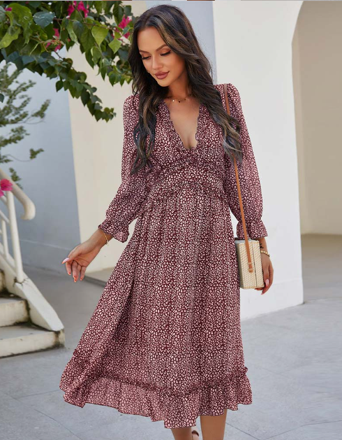 Spring V Neck Print Dress With Butterfly Sleeves And High Waist Ruffles In Chiffon Midi Length M /