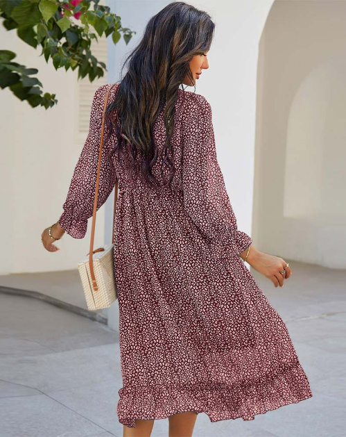Spring V Neck Print Dress With Butterfly Sleeves And High Waist Ruffles In Chiffon Midi Length M /
