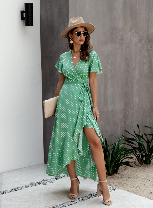 V-Neck Coastal Vacation Dot Polka Short-Sleeved Warm-Season Ruffle For Gown Women Xl / Green Dresses