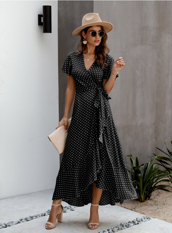 V-Neck Coastal Vacation Dot Polka Short-Sleeved Warm-Season Ruffle For Gown Women S / Black Dresses