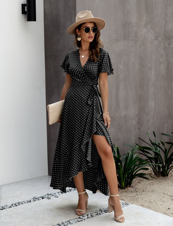 V-Neck Coastal Vacation Dot Polka Short-Sleeved Warm-Season Ruffle For Gown Women S / Yellow Dresses