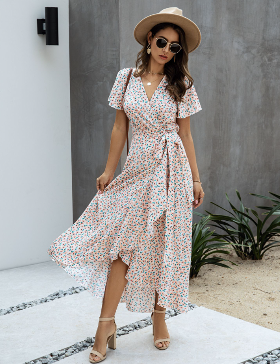 Pink Polka Dot V-Neck Ruffle Short-Sleeved Beach Vacation Summer Dress S / Orange Dresses