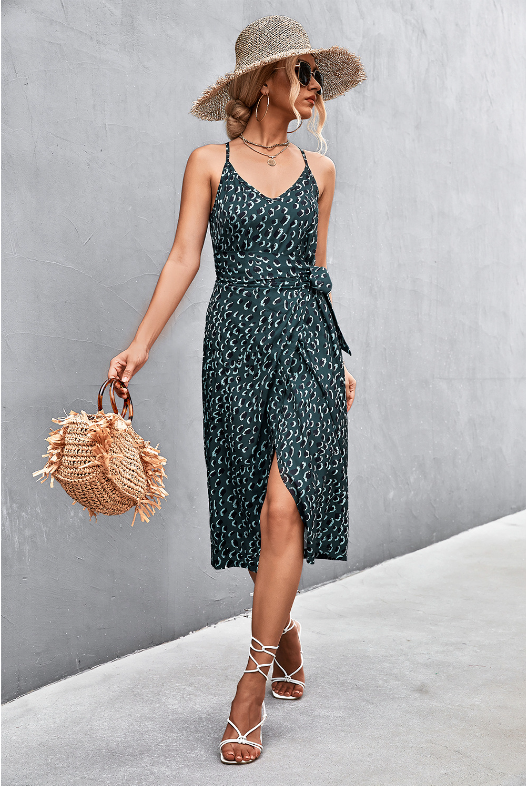 Seductive Suspender V-Neck Dress With Strap Slit Xl / Orange