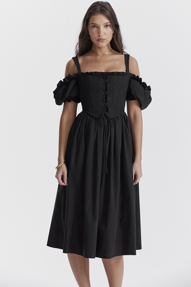 Silvana Black Puff Sleeve Midi Sundress