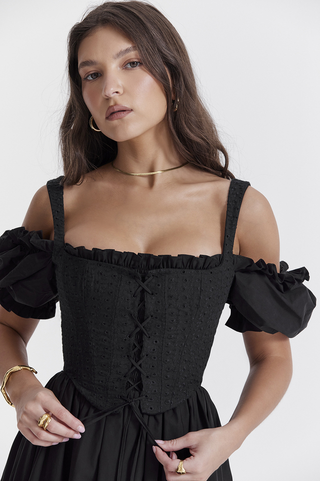 Silvana Black Puff Sleeve Midi Sundress