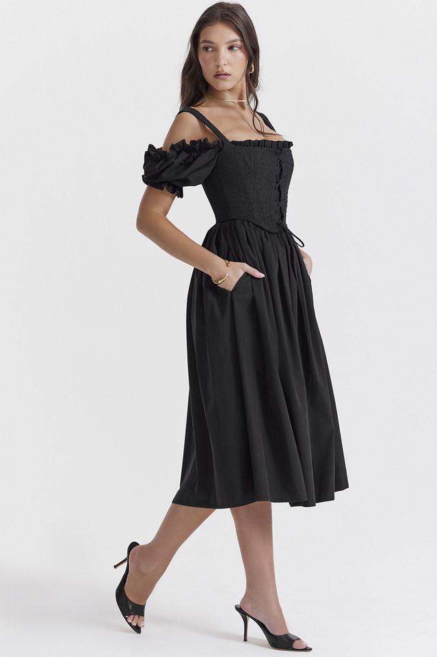 Silvana Black Puff Sleeve Midi Sundress