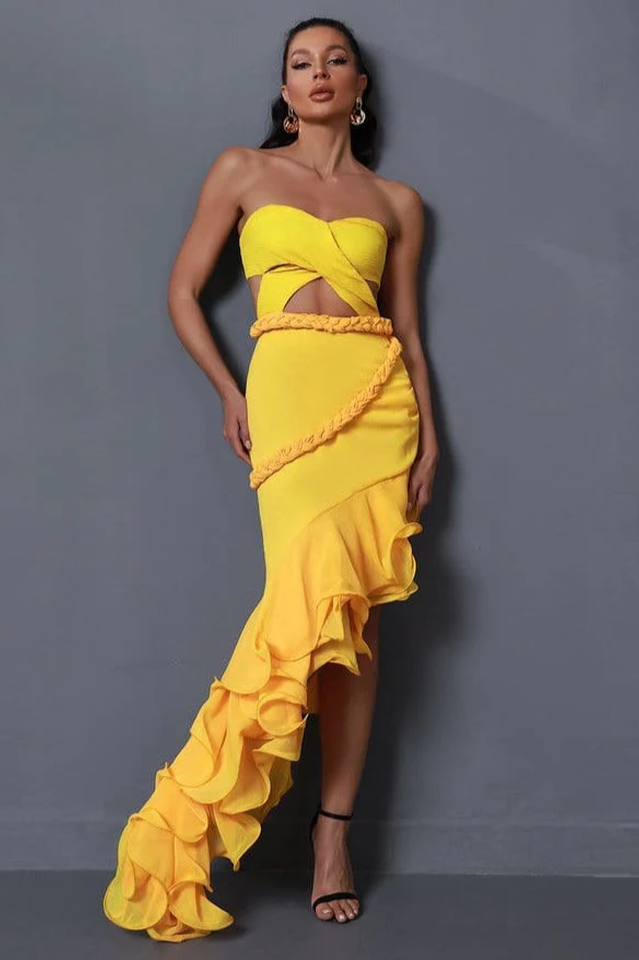 Fleur Yellow Stylish Strapless Cutout Gown