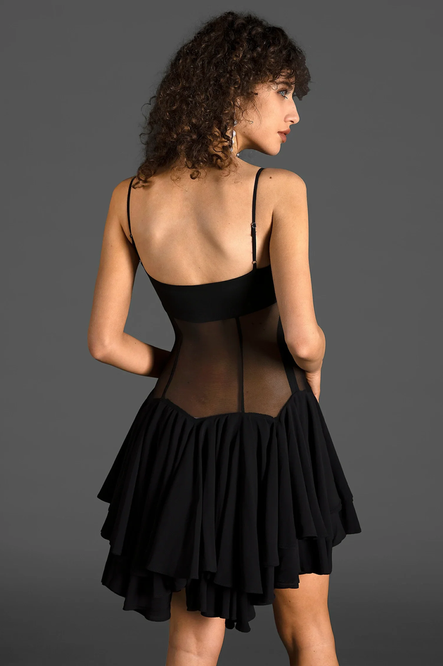 Ganili Spaghetti Sheer Charming Ruffle Mini Dress