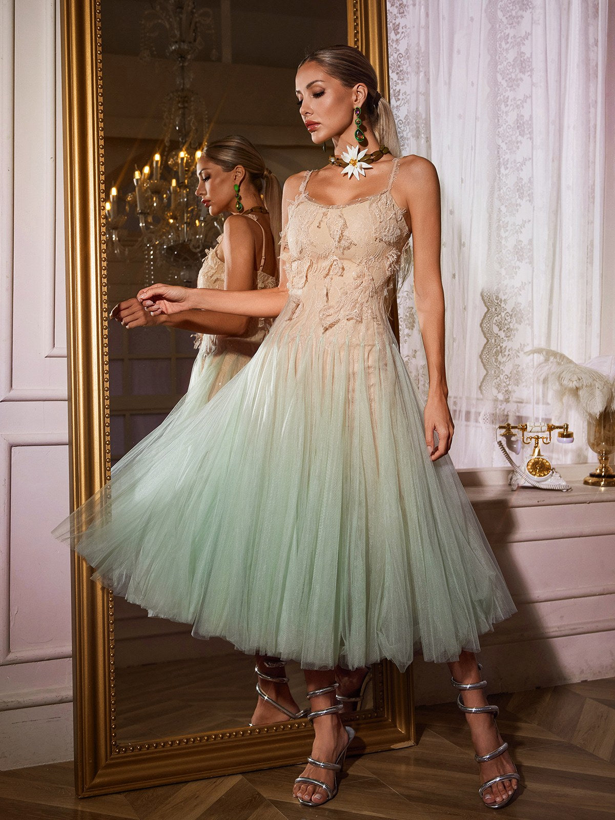 Spaghetti Ombre Lace Midi Dress