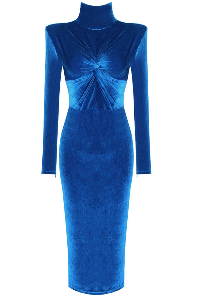 Royal Blue High Neck Long Sleeve Velvet Twist Front Bodycon Midi Dress 3