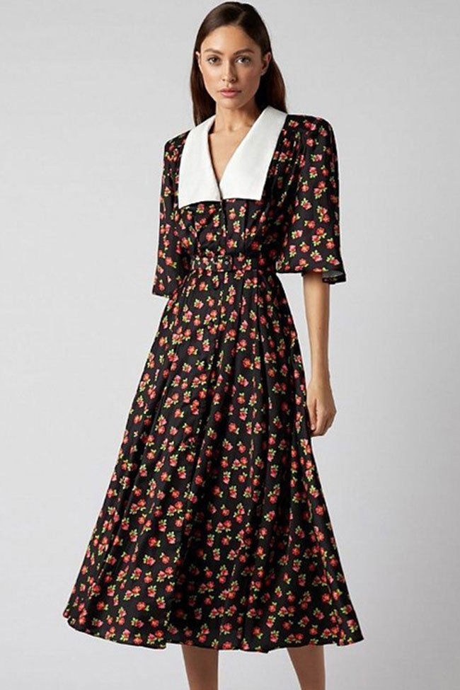 Black Oversized Collar Short Sleeve Floral A-Line Midi Dress