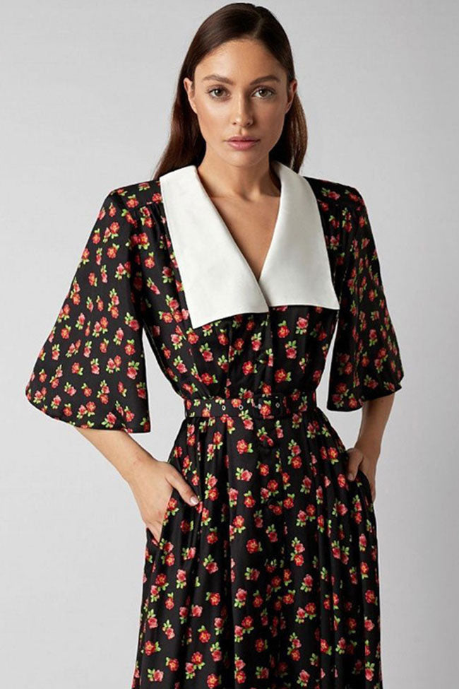 Black Oversized Collar Short Sleeve Floral A-Line Midi Dress