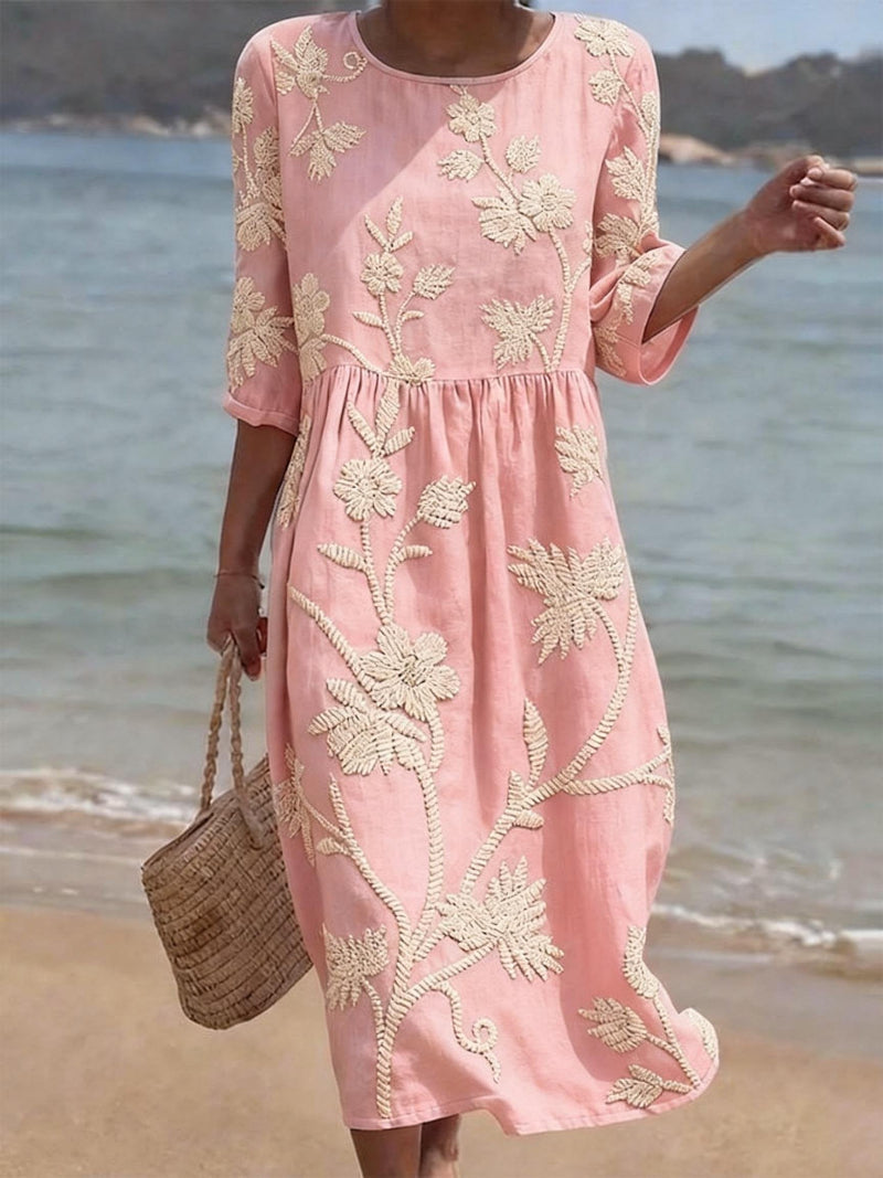 Pink Round Neck Floral Embroidered Empire Waist Midi Dress