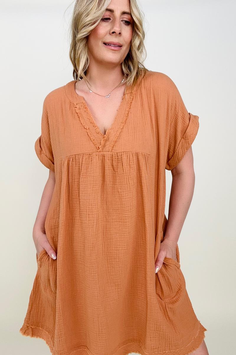 V-Neck Short Sleeve Gauze Raw Edge Babydoll Mini Dress