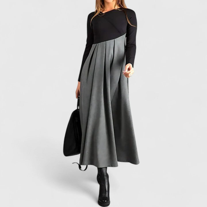 Black Gray Round Neck Colorblock Long Sleeve Pleated A-Line Maxi Dress