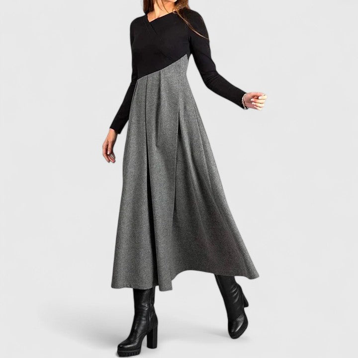 Black Gray Round Neck Colorblock Long Sleeve Pleated A-Line Maxi Dress