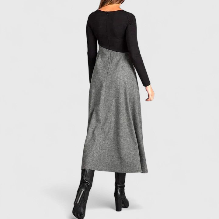 Black Gray Round Neck Colorblock Long Sleeve Pleated A-Line Maxi Dress 3