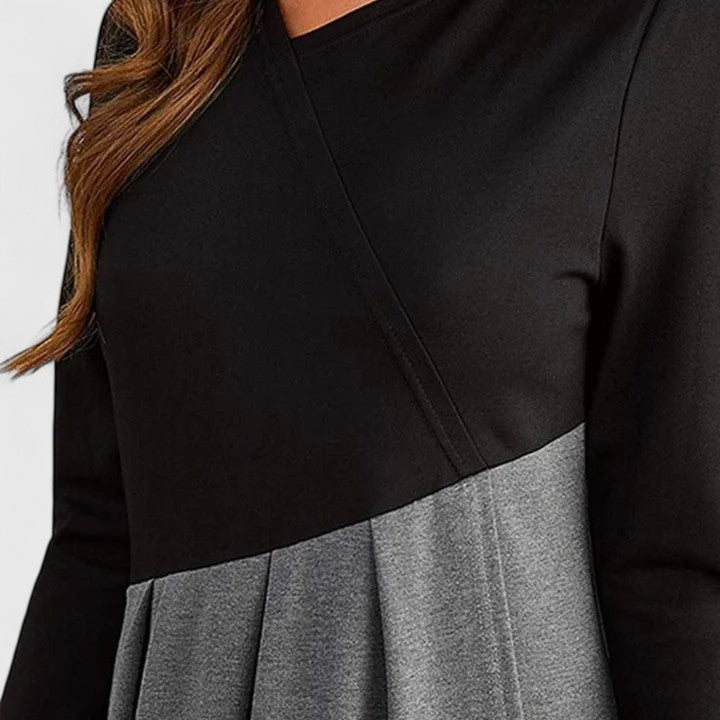 Black Gray Round Neck Colorblock Long Sleeve Pleated A-Line Maxi Dress 4