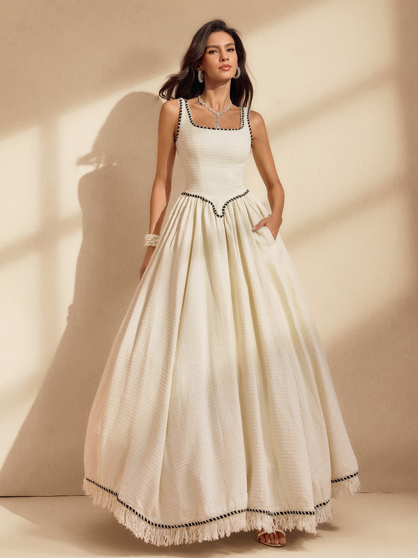 Spaghetti Fringe Bubble Maxi Dress With Crinoline