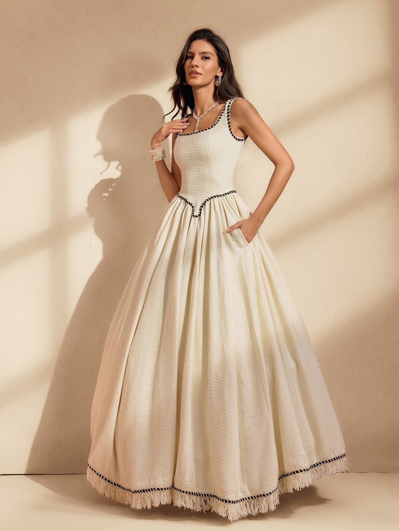 Spaghetti Fringe Bubble Maxi Dress With Crinoline
