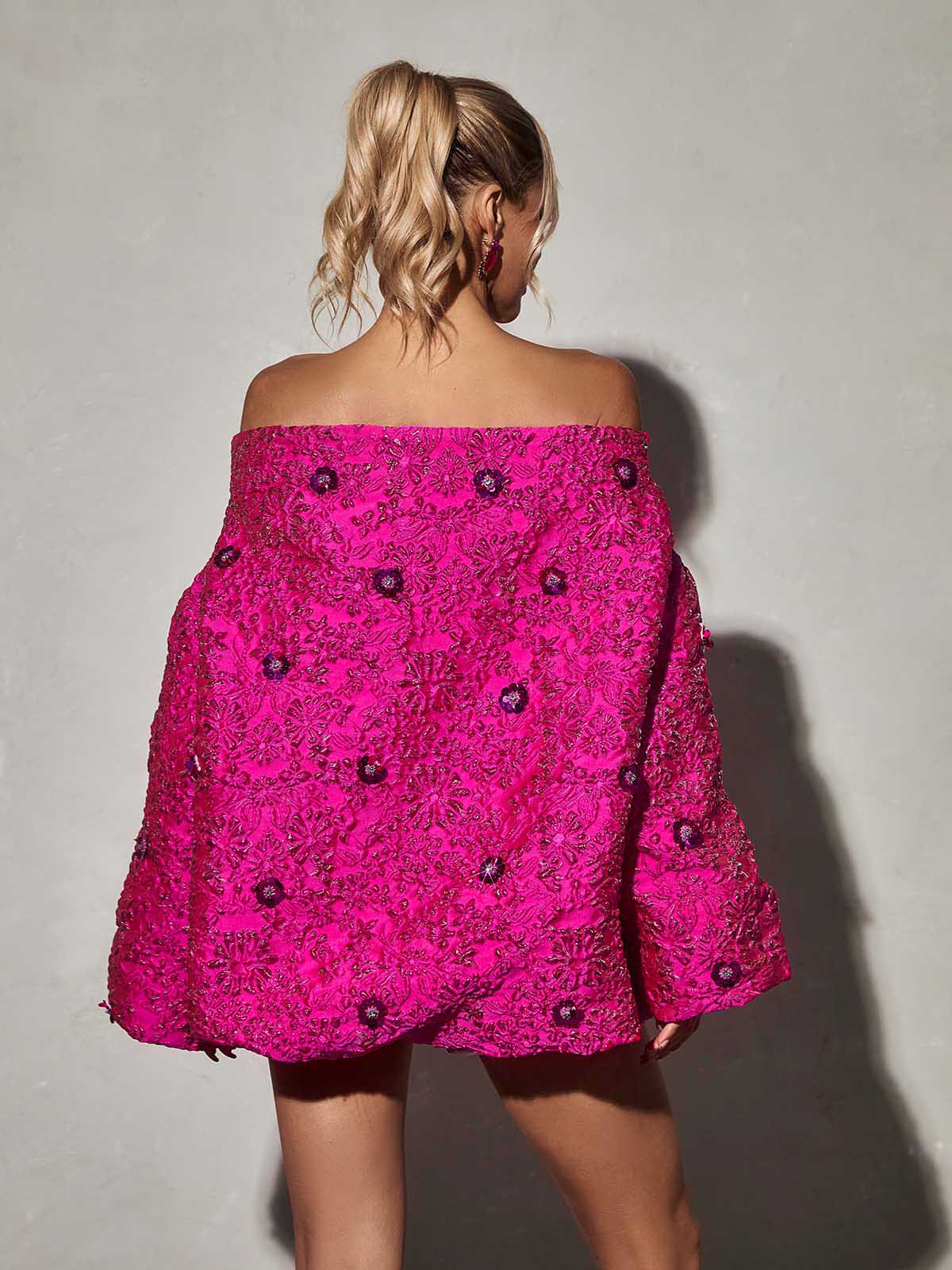 Off-Shoulder Floral Jacquard Puff Sleeve Oversized Mini Dress
